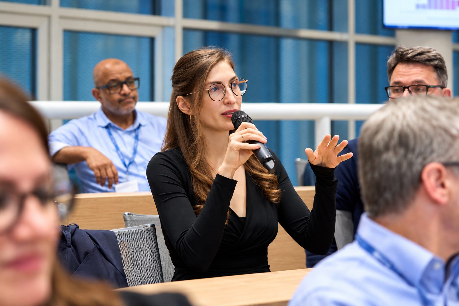 Julia Bewerunge spricht bei einer Konferenz in ein Mikrofon